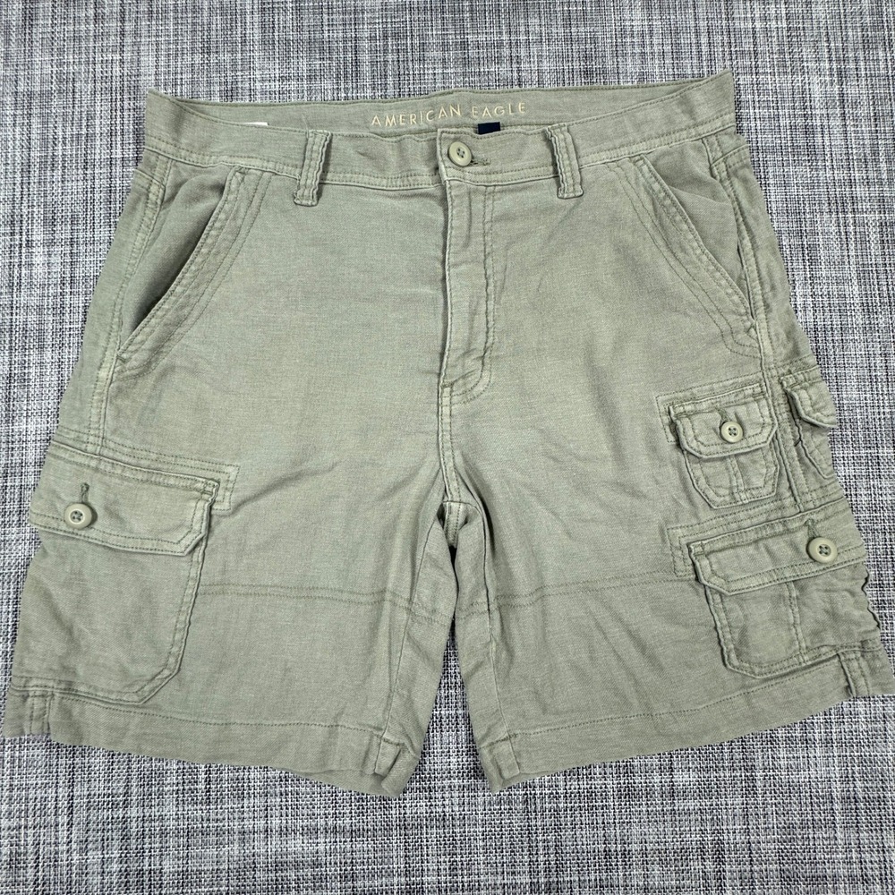 American Eagle Women Shorts High Rise Baggy Bermuda Cargo Linen Blend Green Sz 8